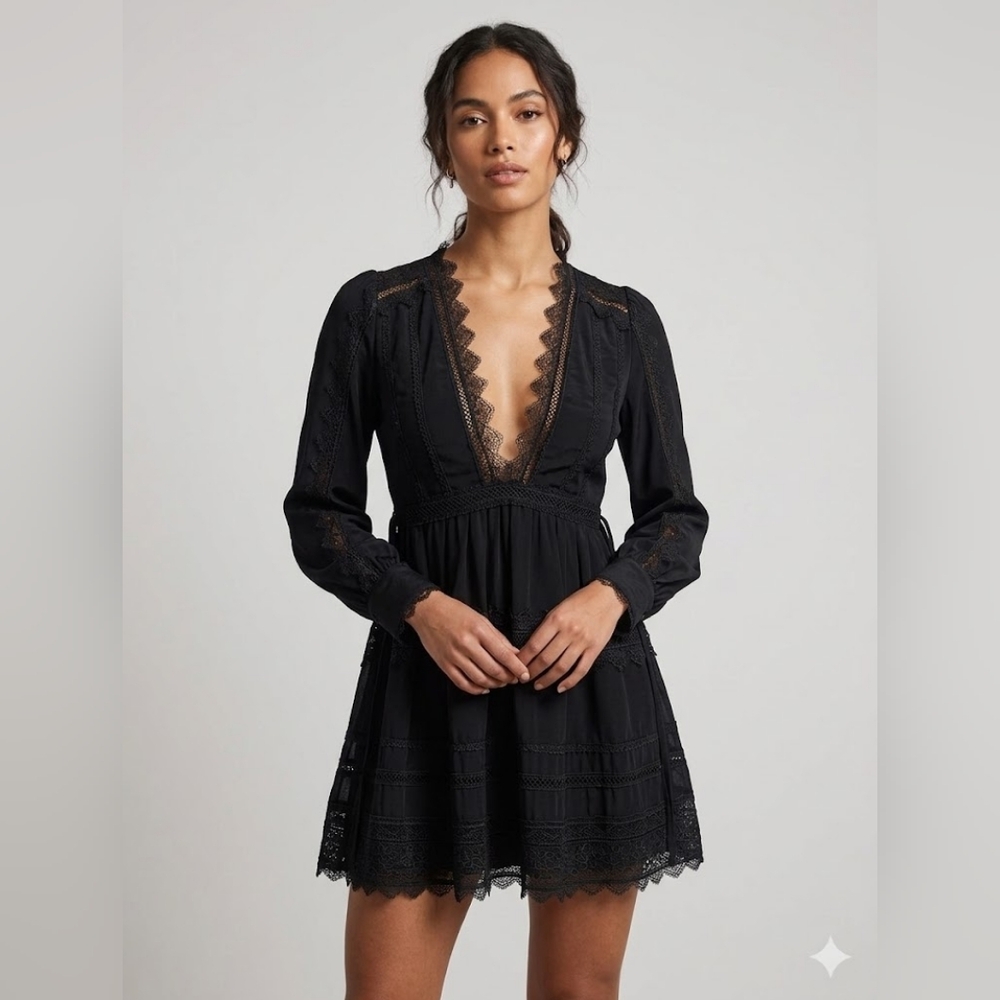 MOFEI Black Lace Trim V-Neck Mini Dress size S